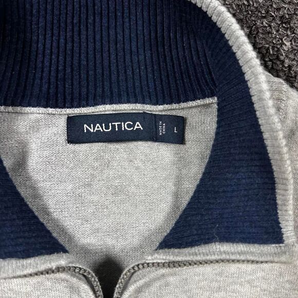 Nautica Quarter Zip Men's Large Gray Cotton Knit Pullover Preppy Essential - Picture 4 of 6